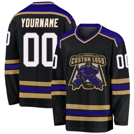 Usa Hockey Jersey, Custom Black White Old Gold Dark Purple Hockey Jersey, Team Hockey Jerseys