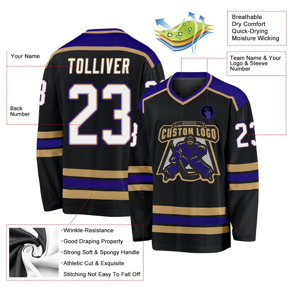 Usa Hockey Jersey, Custom Black White Old Gold Dark Purple Hockey Jersey, Team Hockey Jerseys
