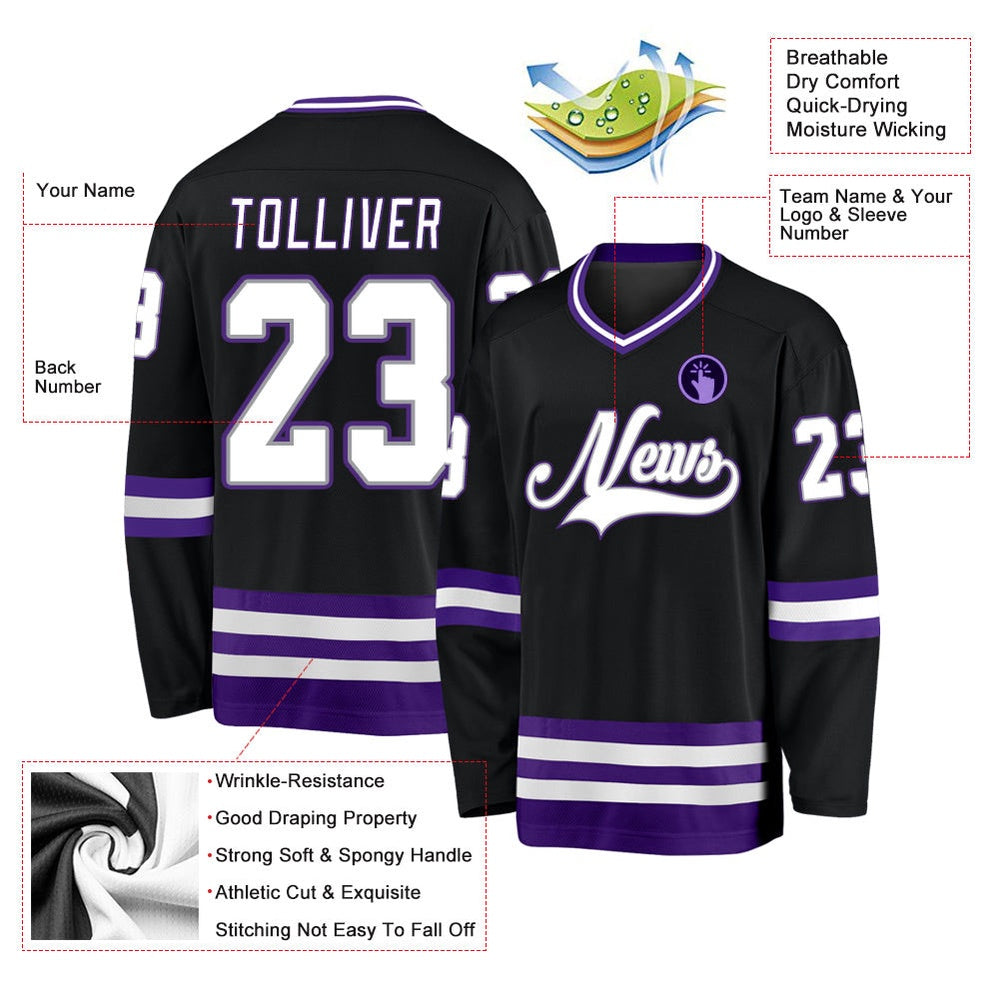 Usa Hockey Jersey, Custom Black White Purple Hockey Jersey, Team Hockey Jerseys
