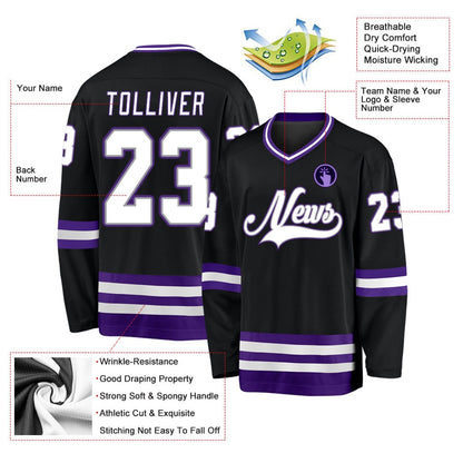 Usa Hockey Jersey, Custom Black White Purple Hockey Jersey, Team Hockey Jerseys
