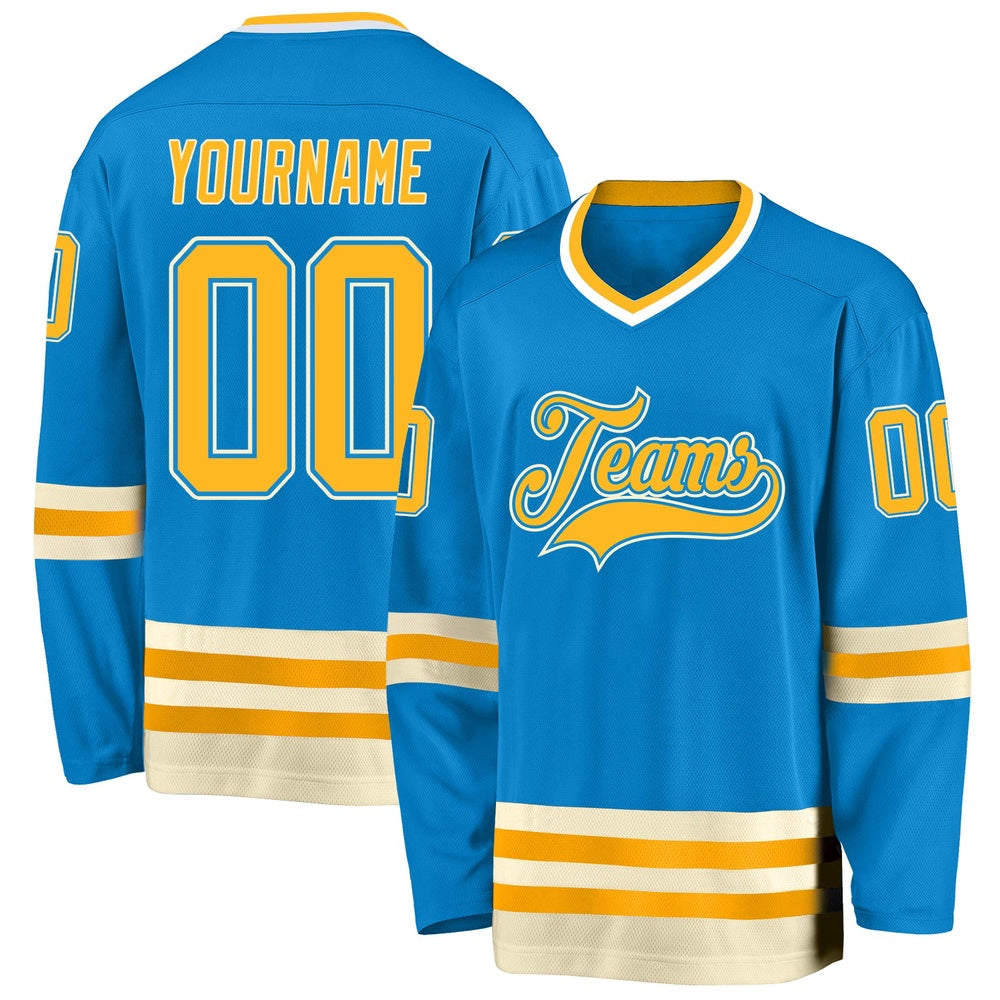 Usa Hockey Jersey, Custom Blue Gold Cream Hockey Jersey, Team Hockey Jerseys