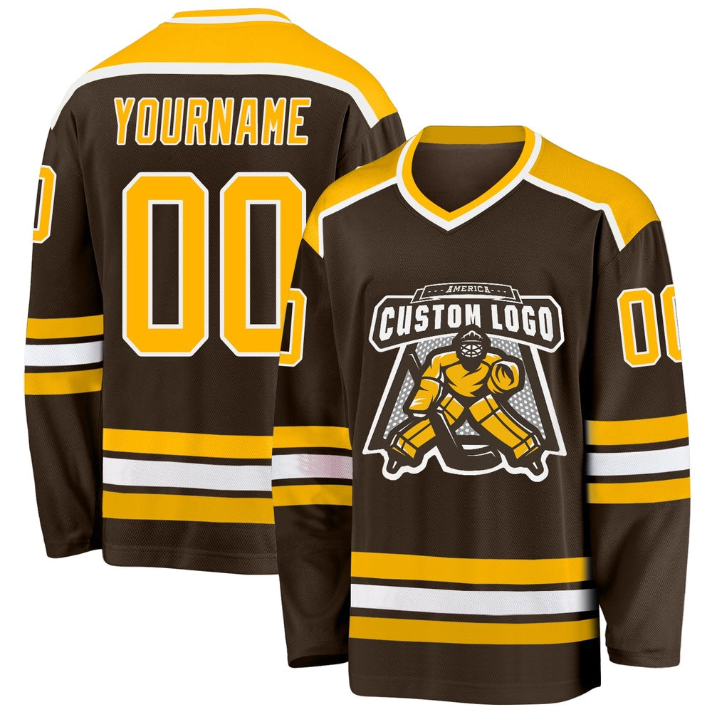 Usa Hockey Jersey, Custom Brown Gold White Hockey Jersey, Team Hockey Jerseys