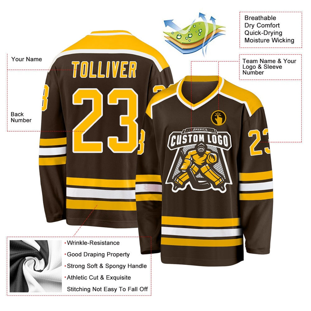 Usa Hockey Jersey, Custom Brown Gold White Hockey Jersey, Team Hockey Jerseys