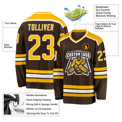 Usa Hockey Jersey, Custom Brown Gold White Hockey Jersey, Team Hockey Jerseys