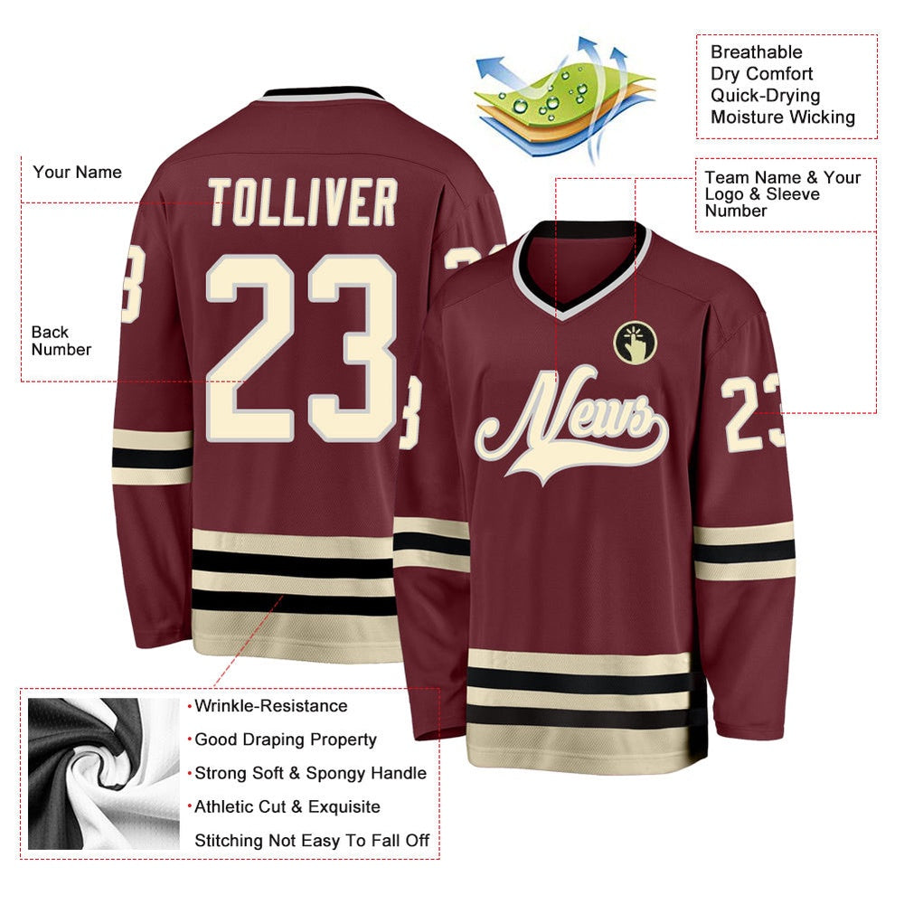 Usa Hockey Jersey, Custom Burgundy Cream Black Hockey Jersey, Team Hockey Jerseys