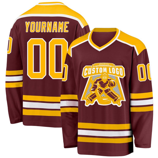 Usa Hockey Jersey, Custom Burgundy Gold White Hockey Jersey, Team Hockey Jerseys