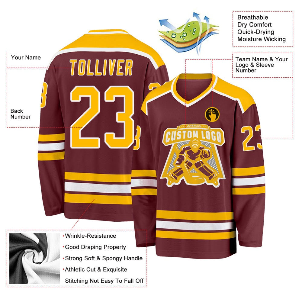 Usa Hockey Jersey, Custom Burgundy Gold White Hockey Jersey, Team Hockey Jerseys