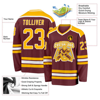 Usa Hockey Jersey, Custom Burgundy Gold White Hockey Jersey, Team Hockey Jerseys