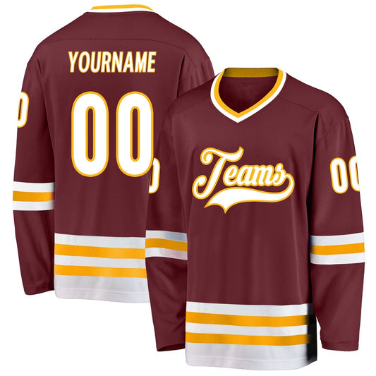 Usa Hockey Jersey, Custom Burgundy White Gold Hockey Jersey, Team Hockey Jerseys