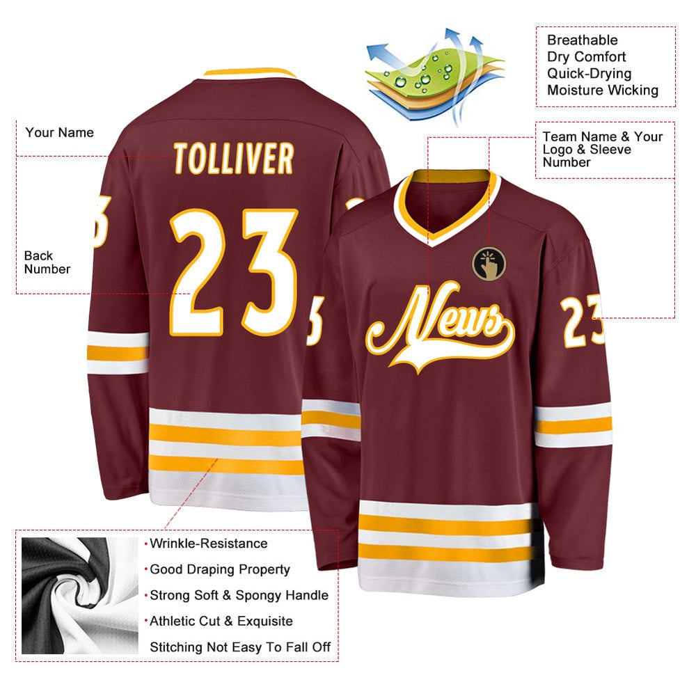 Usa Hockey Jersey, Custom Burgundy White Gold Hockey Jersey, Team Hockey Jerseys