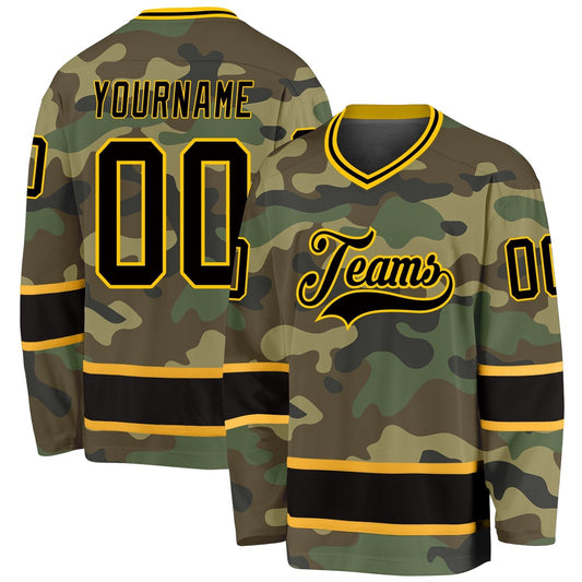 Usa Hockey Jersey, Custom Camo Black Gold Salute To Service Hockey Jersey, Team Hockey Jerseys