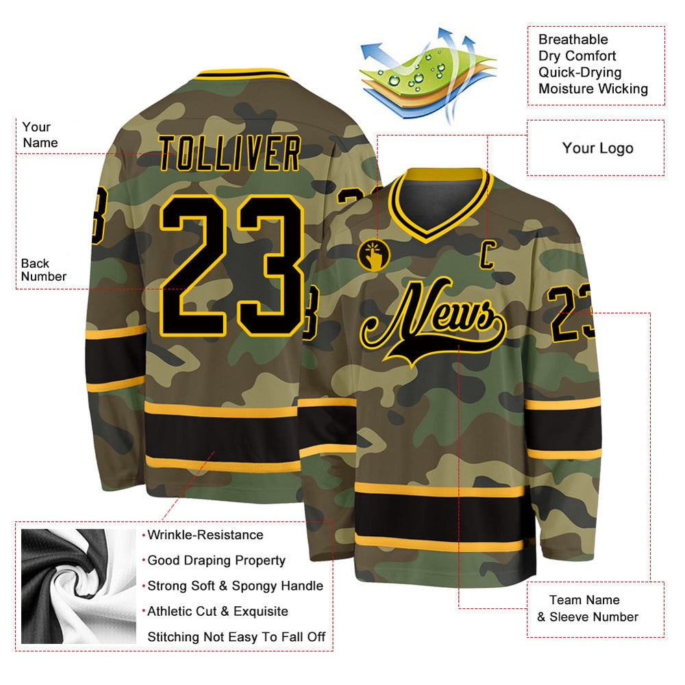 Usa Hockey Jersey, Custom Camo Black Gold Salute To Service Hockey Jersey, Team Hockey Jerseys