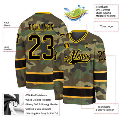 Usa Hockey Jersey, Custom Camo Black Gold Salute To Service Hockey Jersey, Team Hockey Jerseys