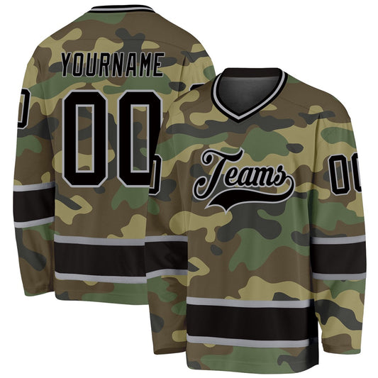 Usa Hockey Jersey, Custom Camo Black Gray Salute To Service Hockey Jersey, Team Hockey Jerseys