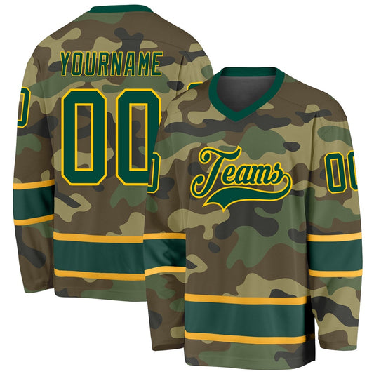 Usa Hockey Jersey, Custom Camo Green Gold Salute To Service Hockey Jersey, Team Hockey Jerseys