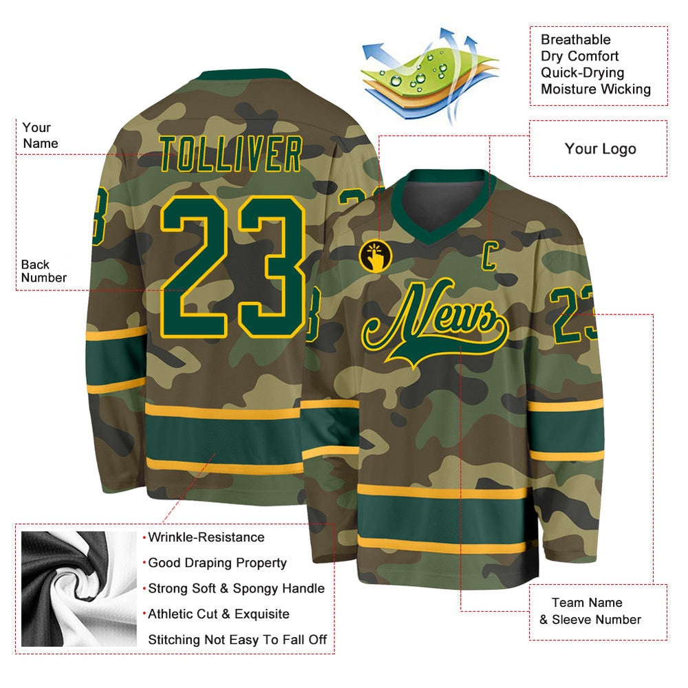 Usa Hockey Jersey, Custom Camo Green Gold Salute To Service Hockey Jersey, Team Hockey Jerseys