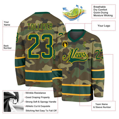 Usa Hockey Jersey, Custom Camo Green Gold Salute To Service Hockey Jersey, Team Hockey Jerseys