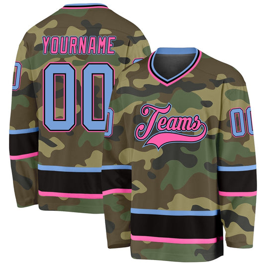 Usa Hockey Jersey, Custom Camo Light Blue Pink Salute To Service Hockey Jersey, Team Hockey Jerseys