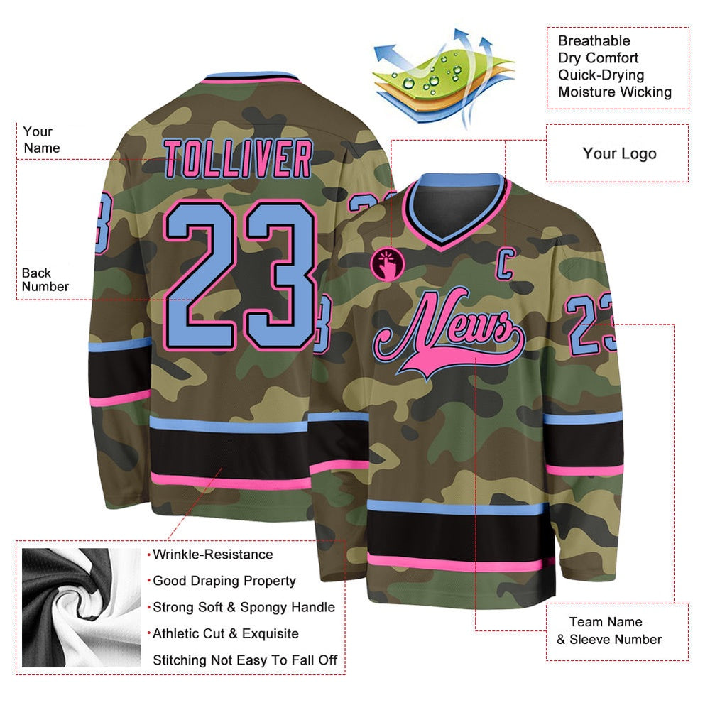 Usa Hockey Jersey, Custom Camo Light Blue Pink Salute To Service Hockey Jersey, Team Hockey Jerseys