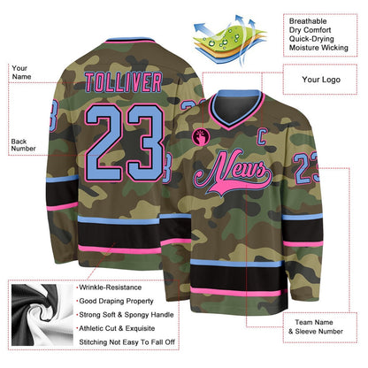 Usa Hockey Jersey, Custom Camo Light Blue Pink Salute To Service Hockey Jersey, Team Hockey Jerseys