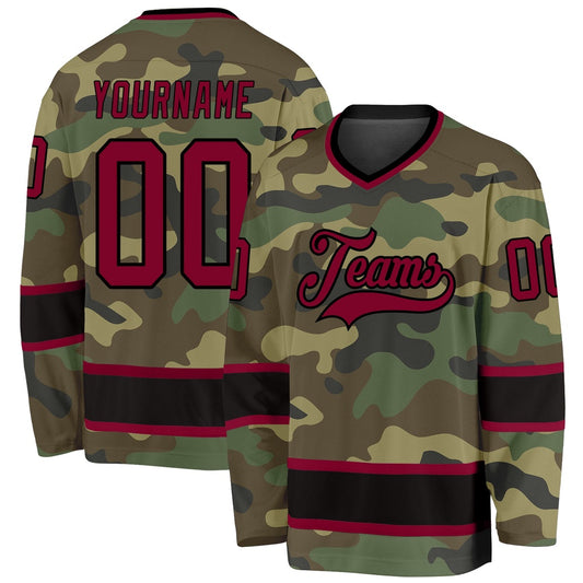 Usa Hockey Jersey, Custom Camo Maroon Black Salute To Service Hockey Jersey, Team Hockey Jerseys