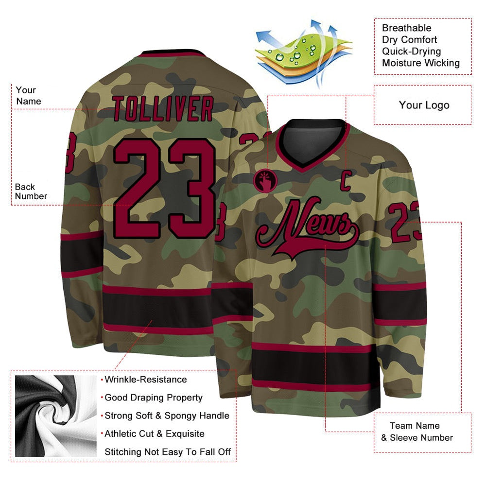 Usa Hockey Jersey, Custom Camo Maroon Black Salute To Service Hockey Jersey, Team Hockey Jerseys