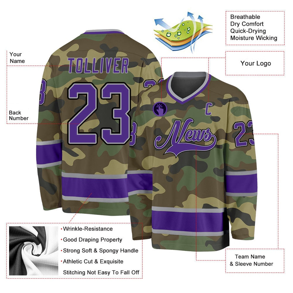 Usa Hockey Jersey, Custom Camo Purple Black Salute To Service Hockey Jersey, Team Hockey Jerseys