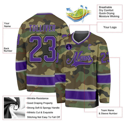 Usa Hockey Jersey, Custom Camo Purple Black Salute To Service Hockey Jersey, Team Hockey Jerseys