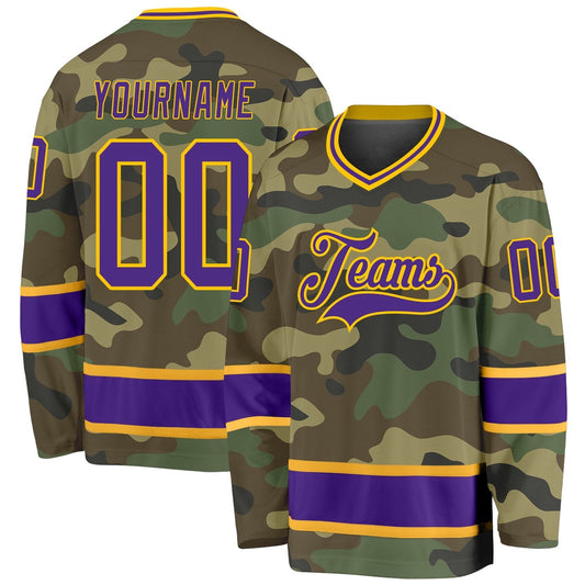 Usa Hockey Jersey, Custom Camo Purple Gold Salute To Service Hockey Jersey, Team Hockey Jerseys
