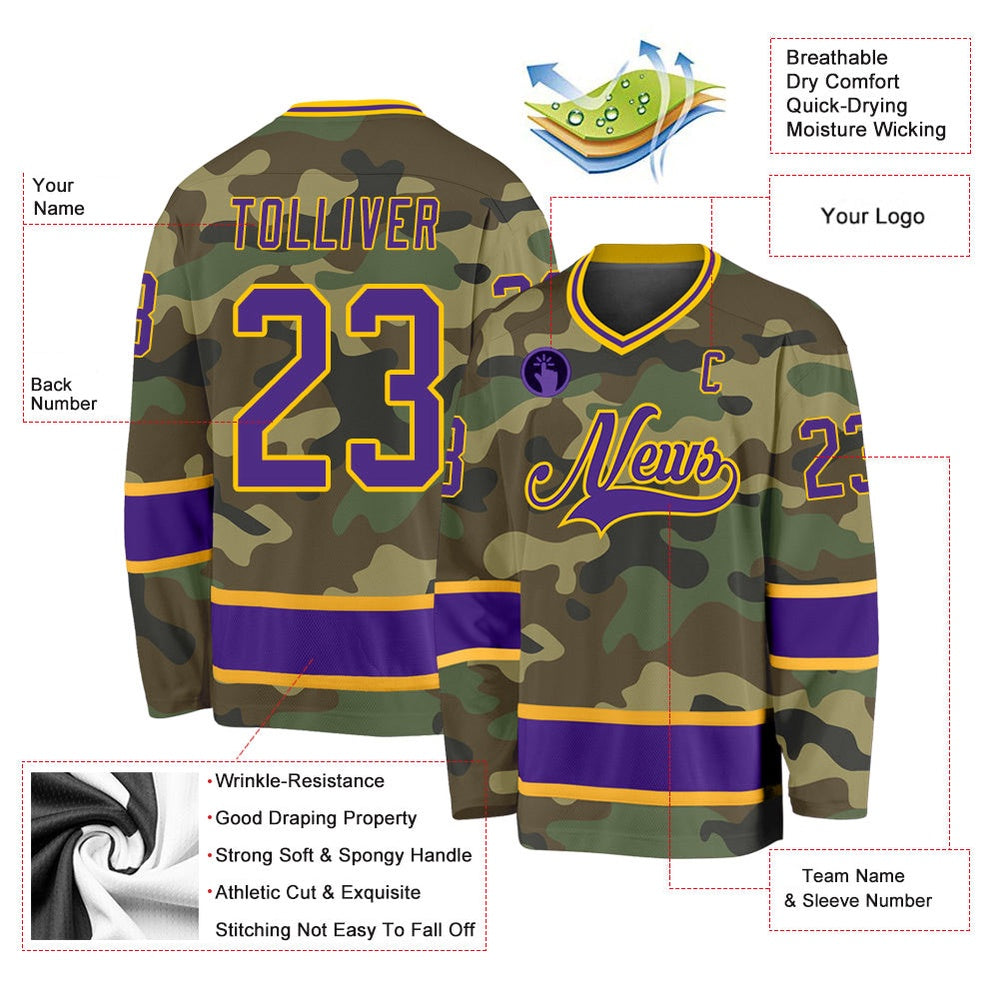 Usa Hockey Jersey, Custom Camo Purple Gold Salute To Service Hockey Jersey, Team Hockey Jerseys