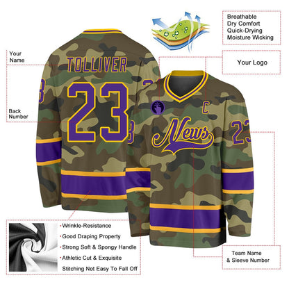 Usa Hockey Jersey, Custom Camo Purple Gold Salute To Service Hockey Jersey, Team Hockey Jerseys