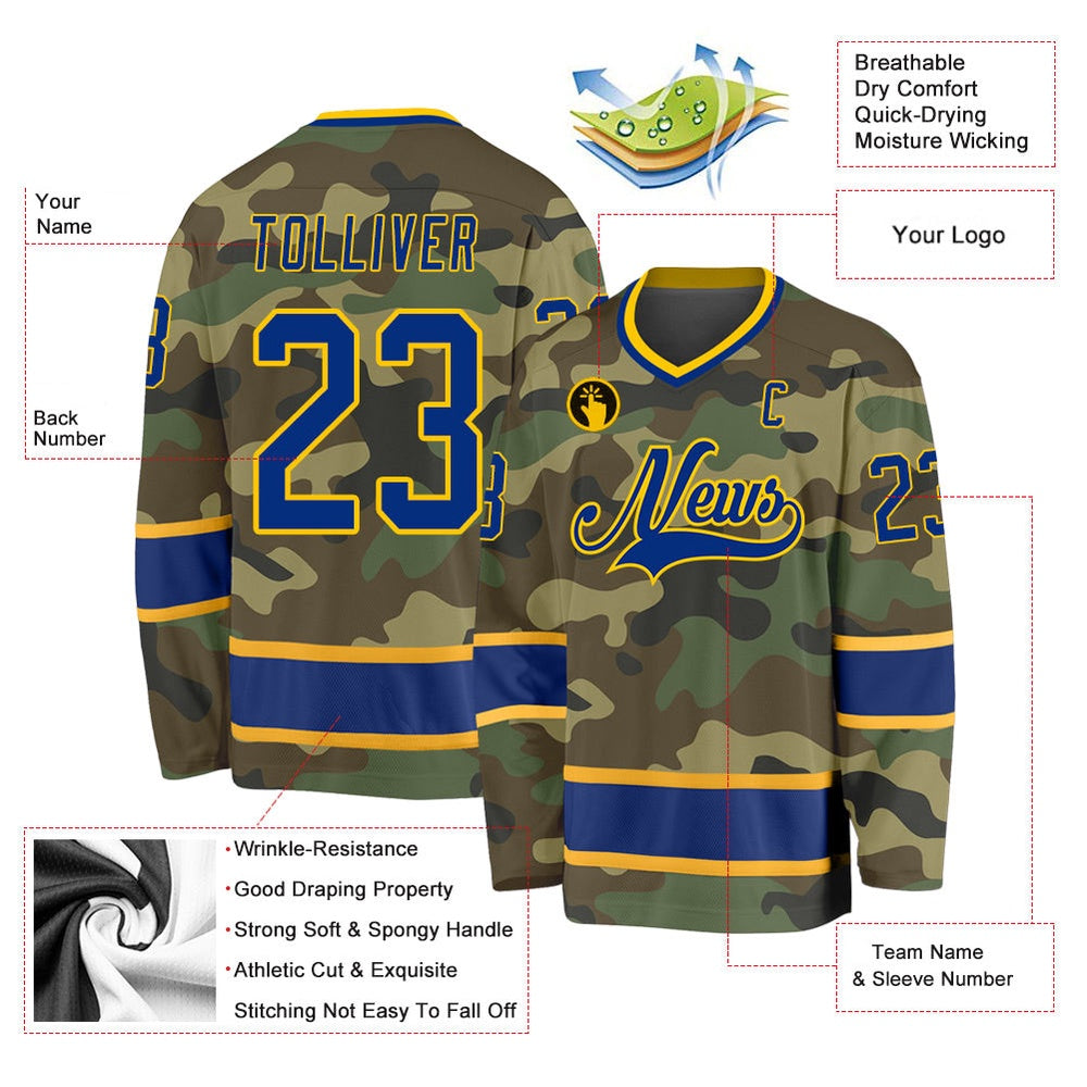 Usa Hockey Jersey, Custom Camo Royal Gold Salute To Service Hockey Jersey, Team Hockey Jerseys