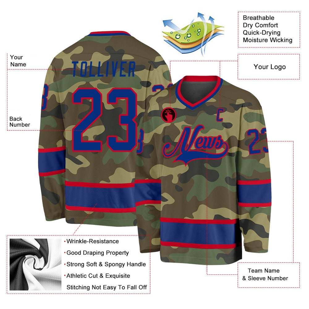 Usa Hockey Jersey, Custom Camo Royal Red Salute To Service Hockey Jersey, Team Hockey Jerseys