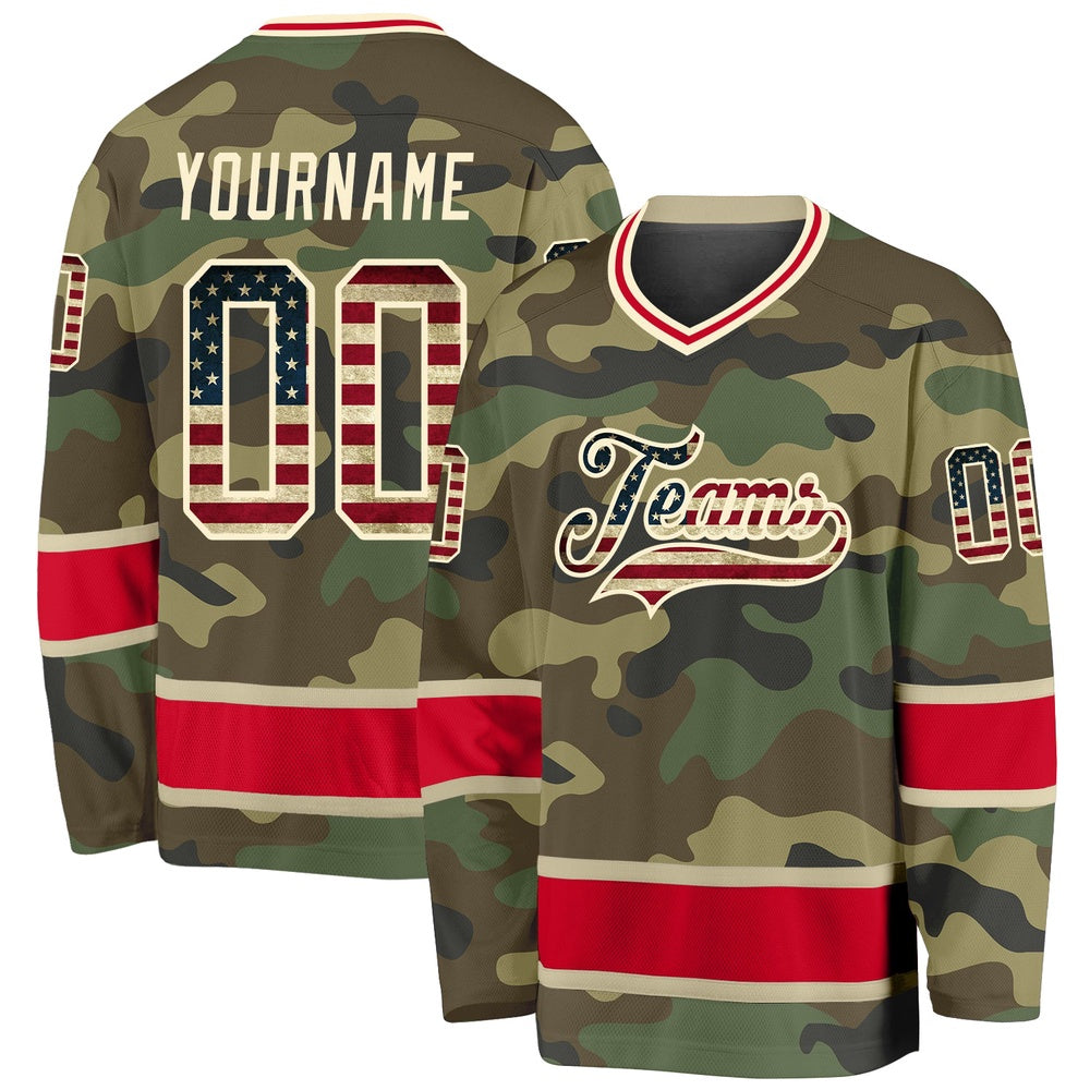 Usa Hockey Jersey, Custom Camo Vintage USA Flag Red Salute To Service Hockey Jersey, Team Hockey Jerseys