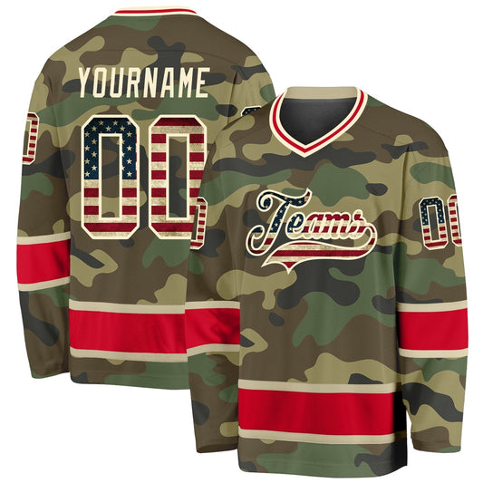 Usa Hockey Jersey, Custom Camo Vintage USA Flag Red Salute To Service Hockey Jersey, Team Hockey Jerseys