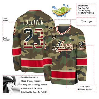 Usa Hockey Jersey, Custom Camo Vintage USA Flag Red Salute To Service Hockey Jersey, Team Hockey Jerseys
