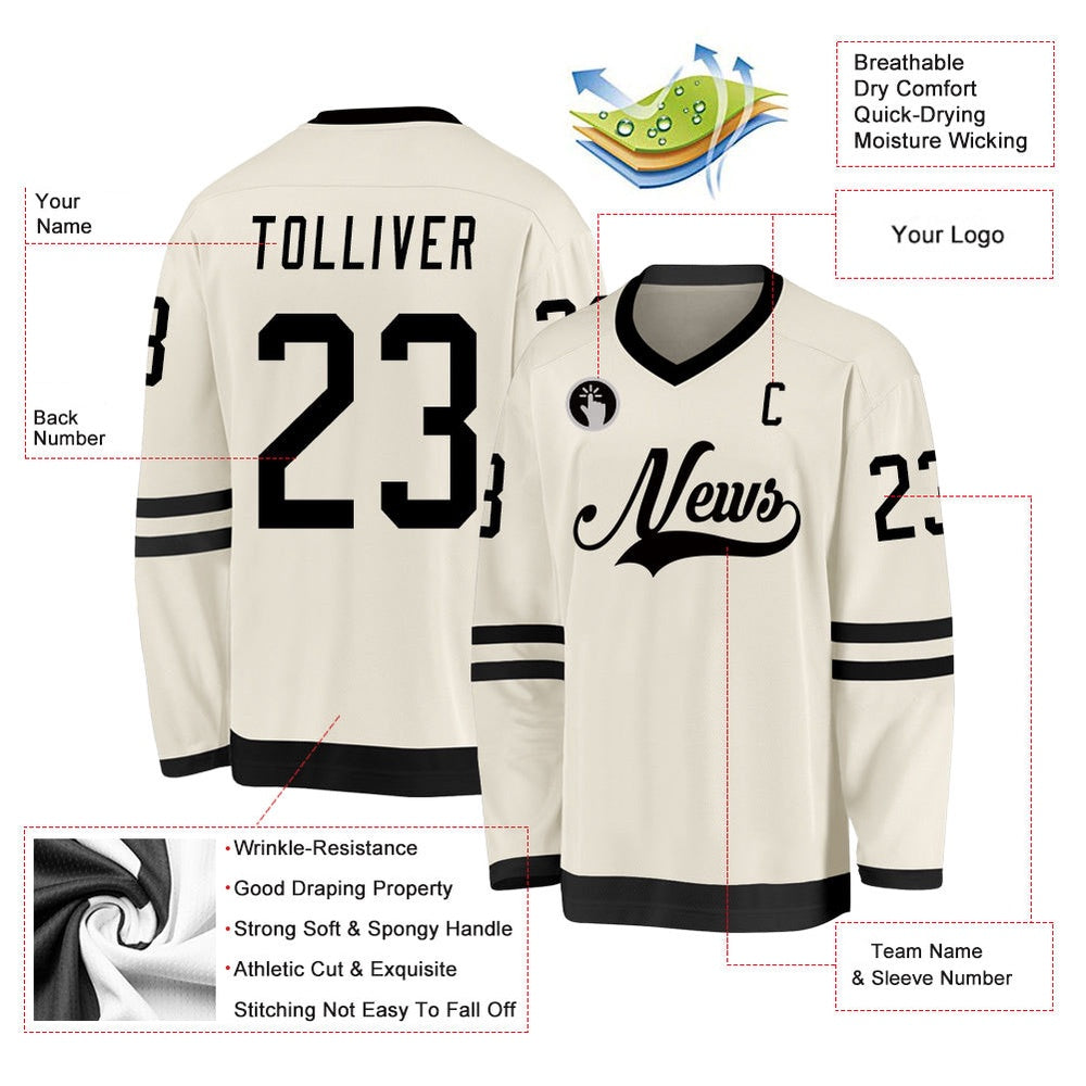Usa Hockey Jersey, Custom Cream Black Hockey Jersey, Team Hockey Jerseys