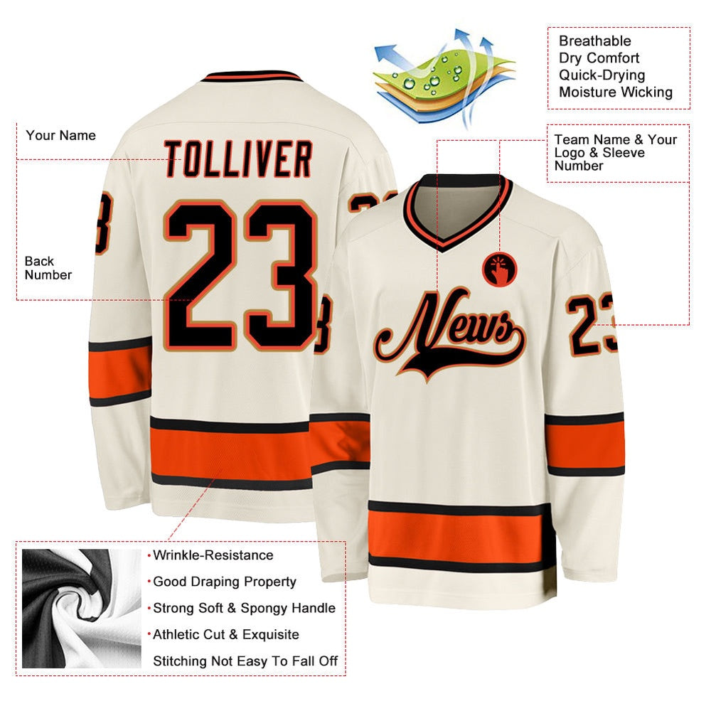 Usa Hockey Jersey, Custom Cream Black Orange Hockey Jersey, Team Hockey Jerseys