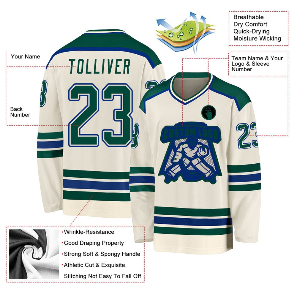 Usa Hockey Jersey, Custom Cream Green Royal Hockey Jersey, Team Hockey Jerseys