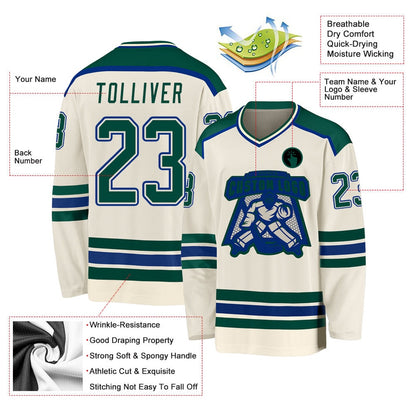 Usa Hockey Jersey, Custom Cream Green Royal Hockey Jersey, Team Hockey Jerseys