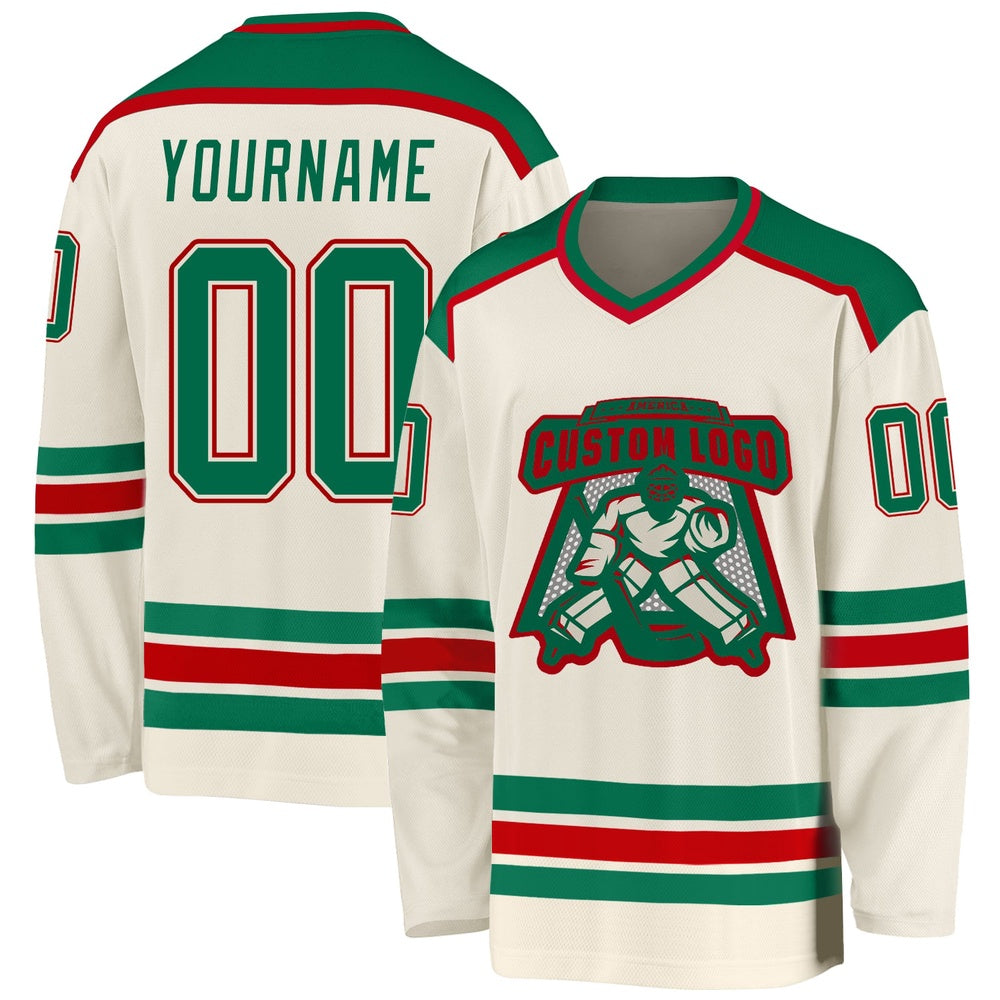 Usa Hockey Jersey, Custom Cream Kelly Green Red Hockey Jersey, Team Hockey Jerseys