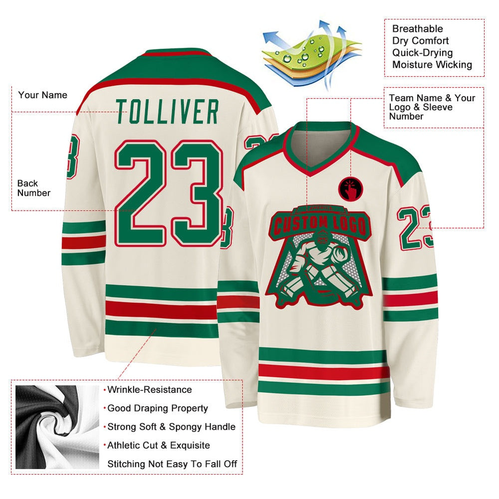 Usa Hockey Jersey, Custom Cream Kelly Green Red Hockey Jersey, Team Hockey Jerseys