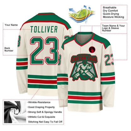 Usa Hockey Jersey, Custom Cream Kelly Green Red Hockey Jersey, Team Hockey Jerseys