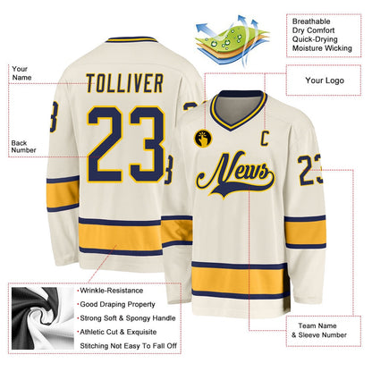 Usa Hockey Jersey, Custom Cream Navy Gold 1 Hockey Jersey, Team Hockey Jerseys