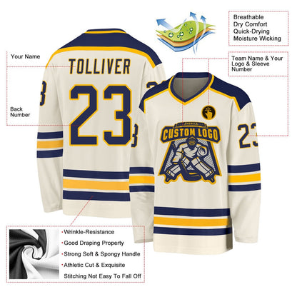Usa Hockey Jersey, Custom Cream Navy Gold Hockey Jersey, Team Hockey Jerseys