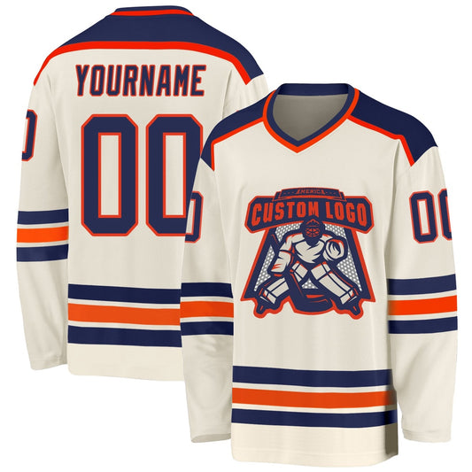 Usa Hockey Jersey, Custom Cream Navy Orange Hockey Jersey, Team Hockey Jerseys