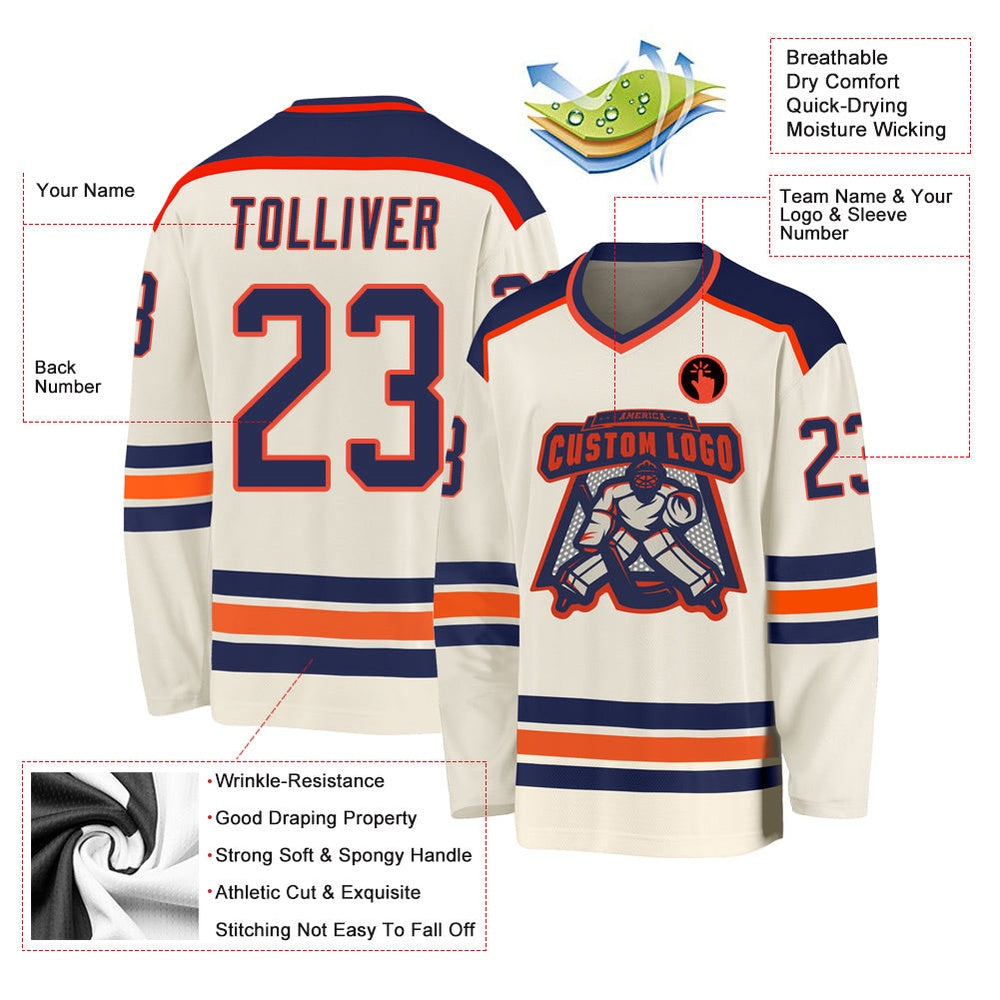 Usa Hockey Jersey, Custom Cream Navy Orange Hockey Jersey, Team Hockey Jerseys
