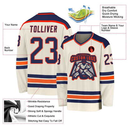 Usa Hockey Jersey, Custom Cream Navy Orange Hockey Jersey, Team Hockey Jerseys