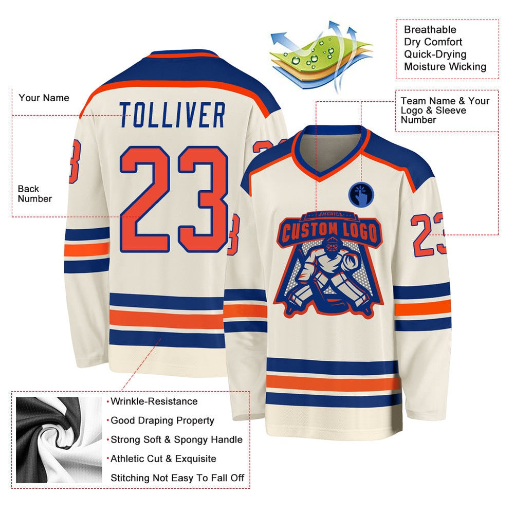 Usa Hockey Jersey, Custom Cream Orange Royal Hockey Jersey, Team Hockey Jerseys
