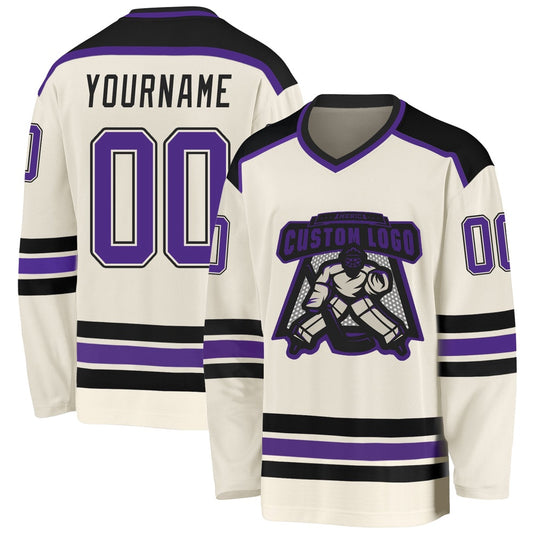 Usa Hockey Jersey, Custom Cream Purple Black Hockey Jersey, Team Hockey Jerseys